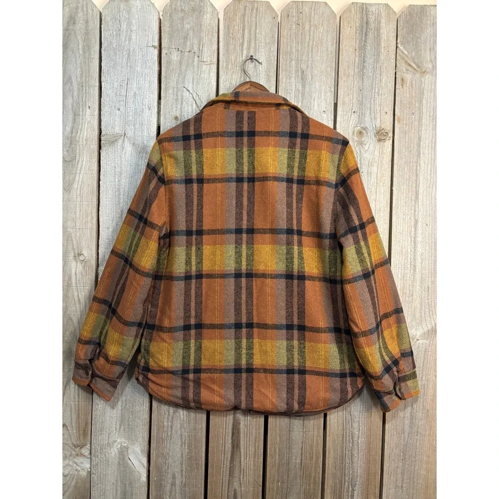 Rollas Mens Sherpa Lined Plaid Flannel‎ Shirt Jacket Orange Yellow Brown Small